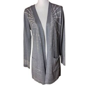 Seven Manor NYC Gretchen Heather Grey Open Front Embellished Sweater Cardigan Me